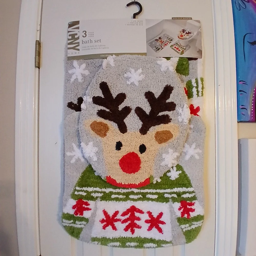 Christmas Sweater Reindeer 3 Piece Bathroom Floor Mat Set